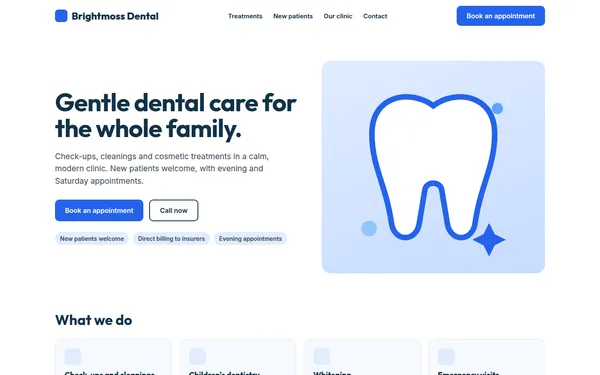 Sample homepage design for a fictional dental clinic